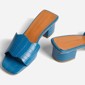 Collection & Co Vegan Kitty Block Heel Sandals in Cornflower Blue Crocodile